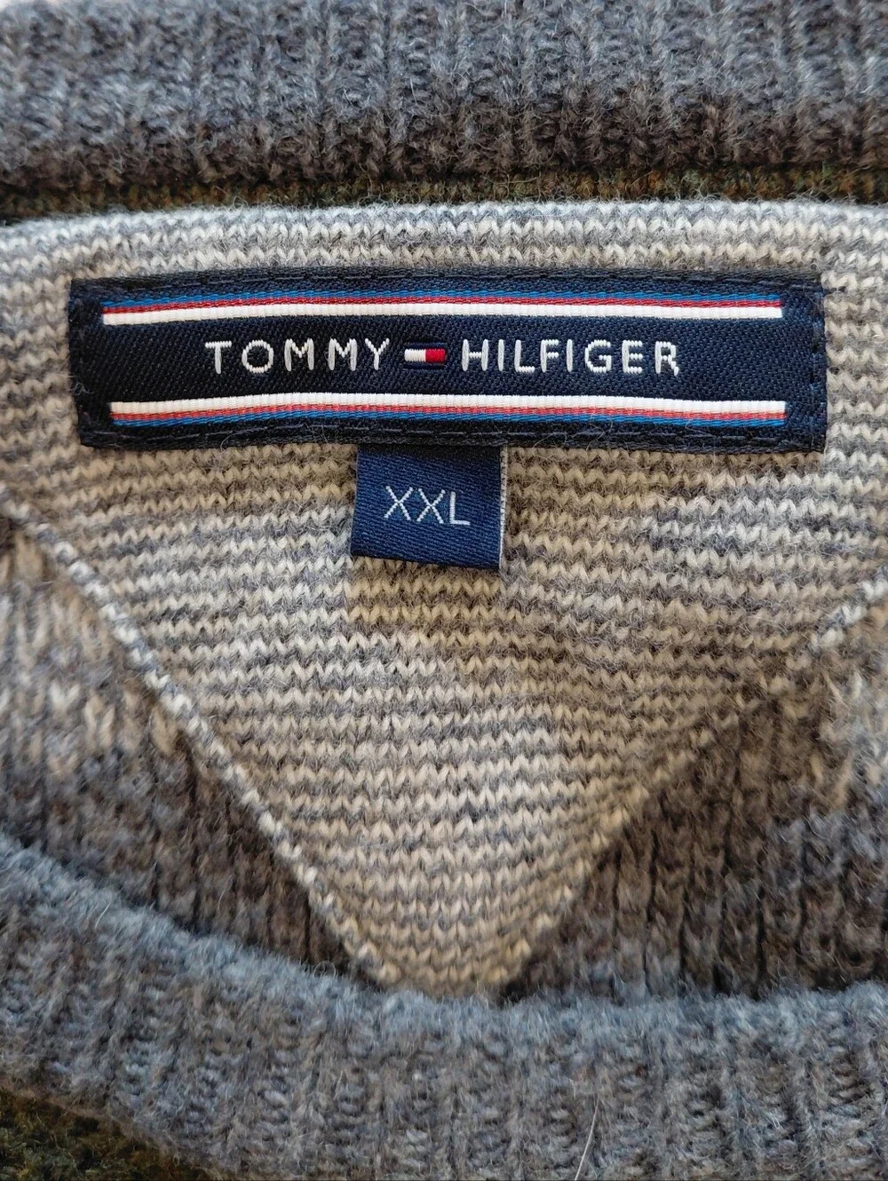 Tommy Hilfiger Olive and Gray Striped Crewneck Sweater